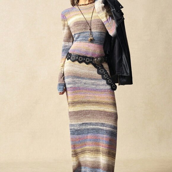 Multicolor Casual Women's Tie-Dye Crew Neck Fitted Sweater Dress - Picture 5 of 8